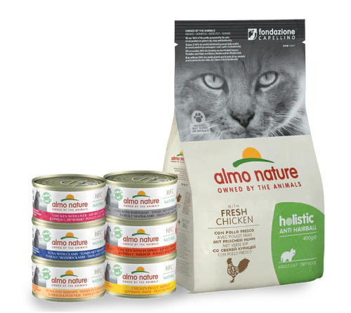 Almo Nature Trial Pack Anti Hairball w/ Fresh Salmon (400g) + Assorted HFC NATURAL Cat Wet (70g) x6