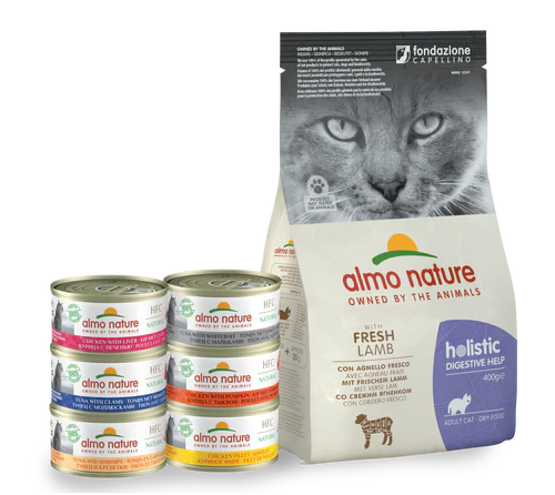 Almo Nature Trial Pack Digestive Help w/ Fresh Lamb (400g) + Assorted HFC NATURAL Cat Wet (70g) x6