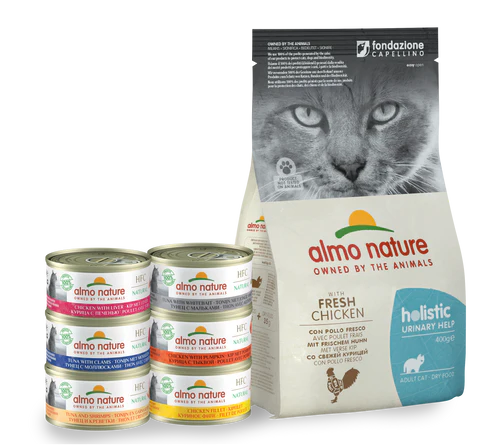 Almo Nature Trial Pack Urinary Help w/ Fresh Chicken (400g) + Assorted HFC NATURAL Cat Wet (70g) x6