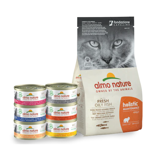 Almo Nature Trial Pack Maintenance w/ Fresh Oily Fish (400g) + Assorted HFC NATURAL Cat Wet (70g) x6